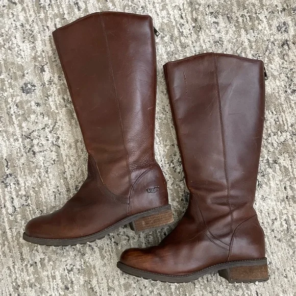 UGG Seldon Leather Boots Knee High Full Zip Brown Size 9 Althletic Calf - Picture 3 of 13